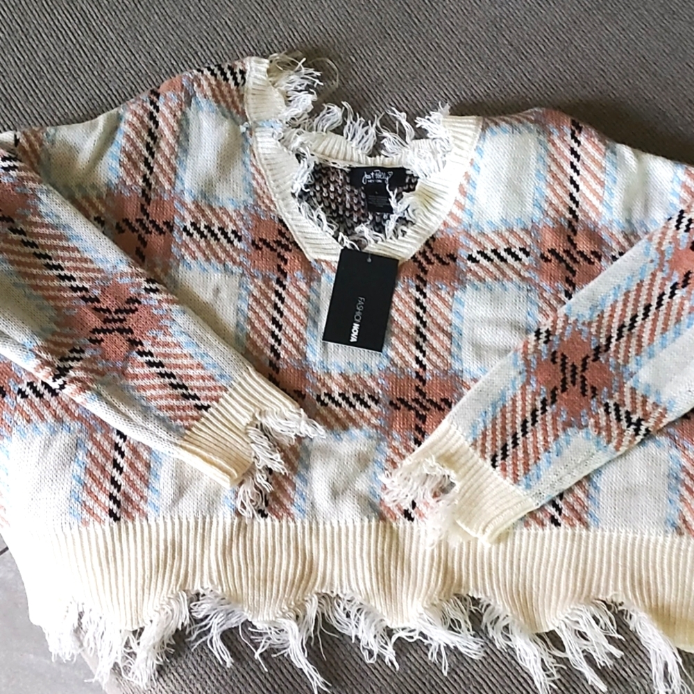 Women's FASHION NOVA Brown Plaid Cropped Sweater LARGE